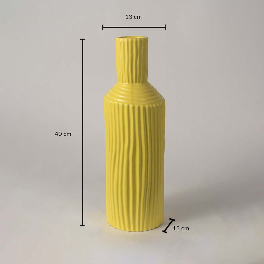 Yellow ceramic vase with ribbed texture and 40 cm height and 13 cm width shown clearly for accurate decor size reference.