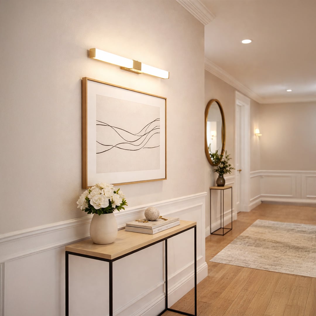 Modern gold LED picture light enhancing mirror and console table area with warm illumination in sophisticated interiors.