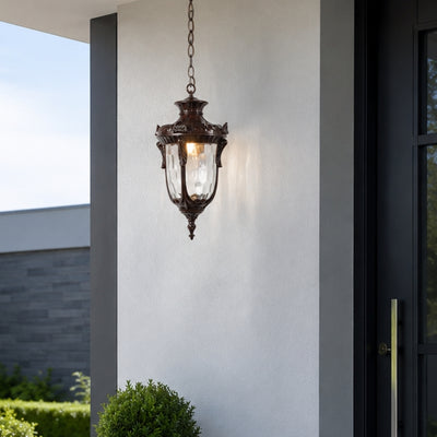 Vintage bronze metal outdoor wall lantern for porch entrance balcony and exterior walls with warm ambient lighting.