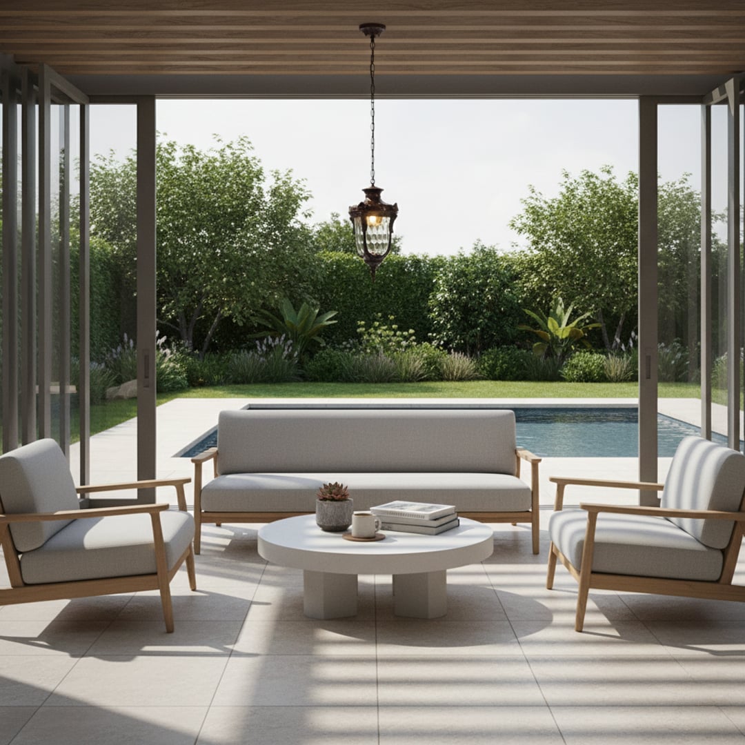 Vintage brass hanging lantern light elevating modern outdoor patio seating area with warm ambient lighting.