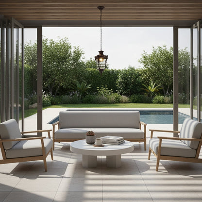 Vintage brass hanging lantern light elevating modern outdoor patio seating area with warm ambient lighting.