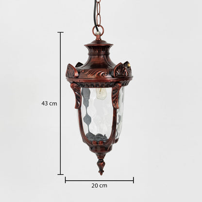 Antique brass lantern light dimension image showing height 43 cm and width 20 cm with decorative base.