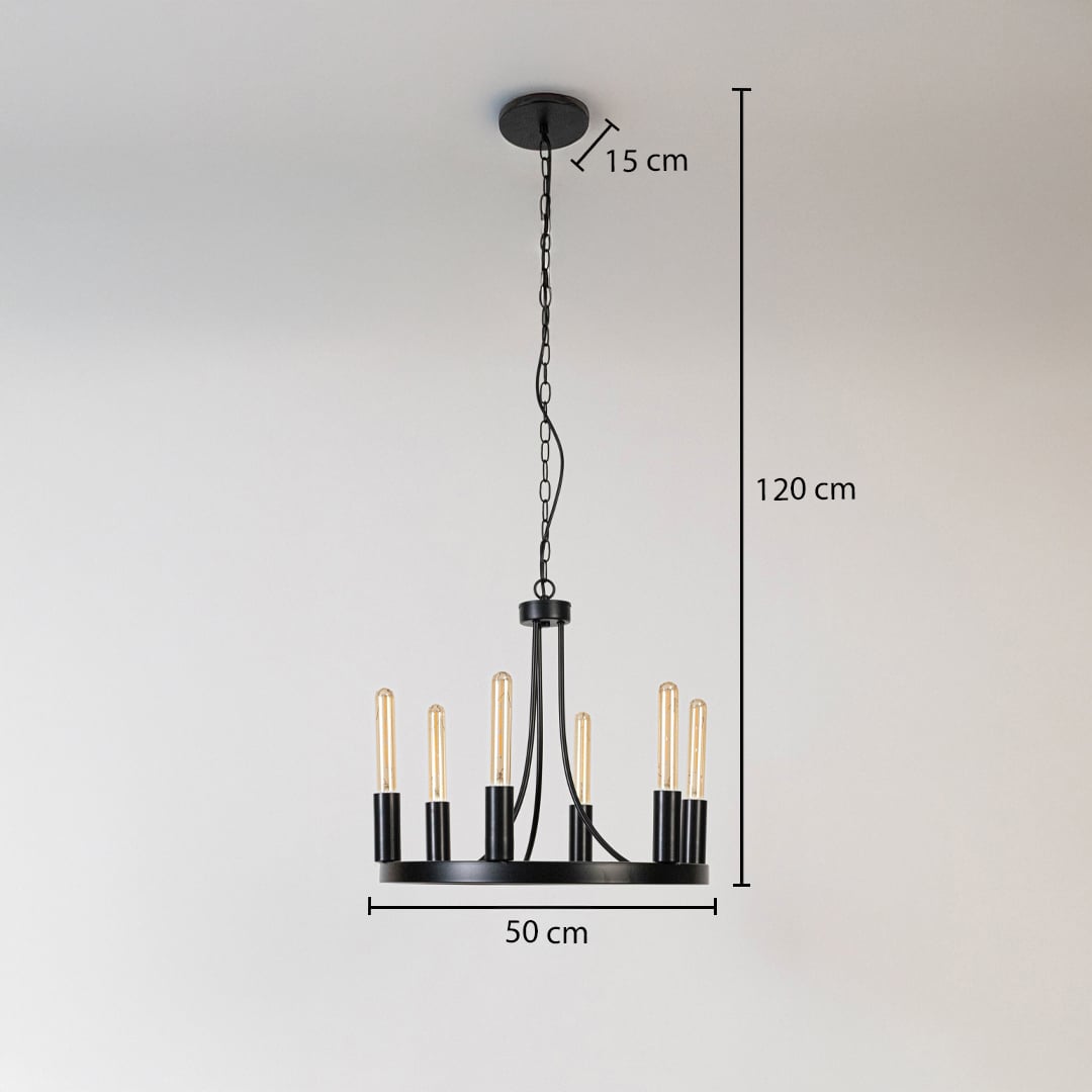 Modern black metal chandelier with Edison bulbs showing 120cm total height 50cm width 15cm canopy on white background display.