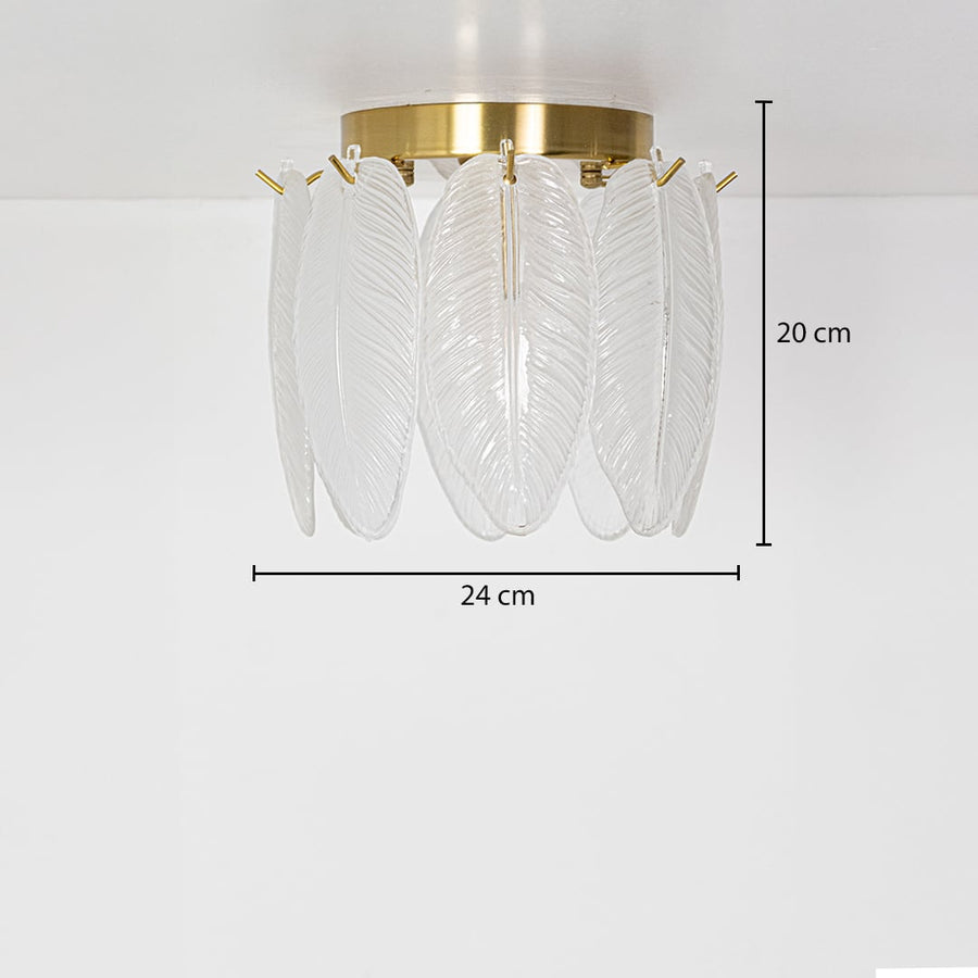 Gold metal ceiling light with frosted leaf glass panels shown with measurements including 24 cm width and 20 cm height for accurate installation guidance.
