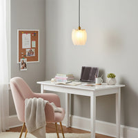 White feather pendant light above workspace creating soft warmth and sophisticated contemporary charm.