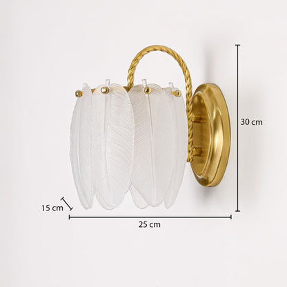 Frosted feather glass wall lamp with gold metal base dimension 30 cm height 25 cm width 15 cm depth for wall lighting.