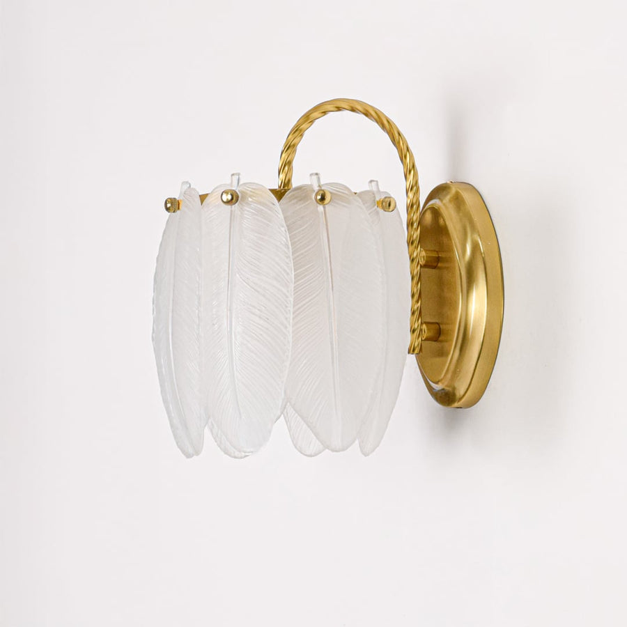 Frosted feather glass wall light with gold metal base light off on white background perfect for bedroom and hallway decor.