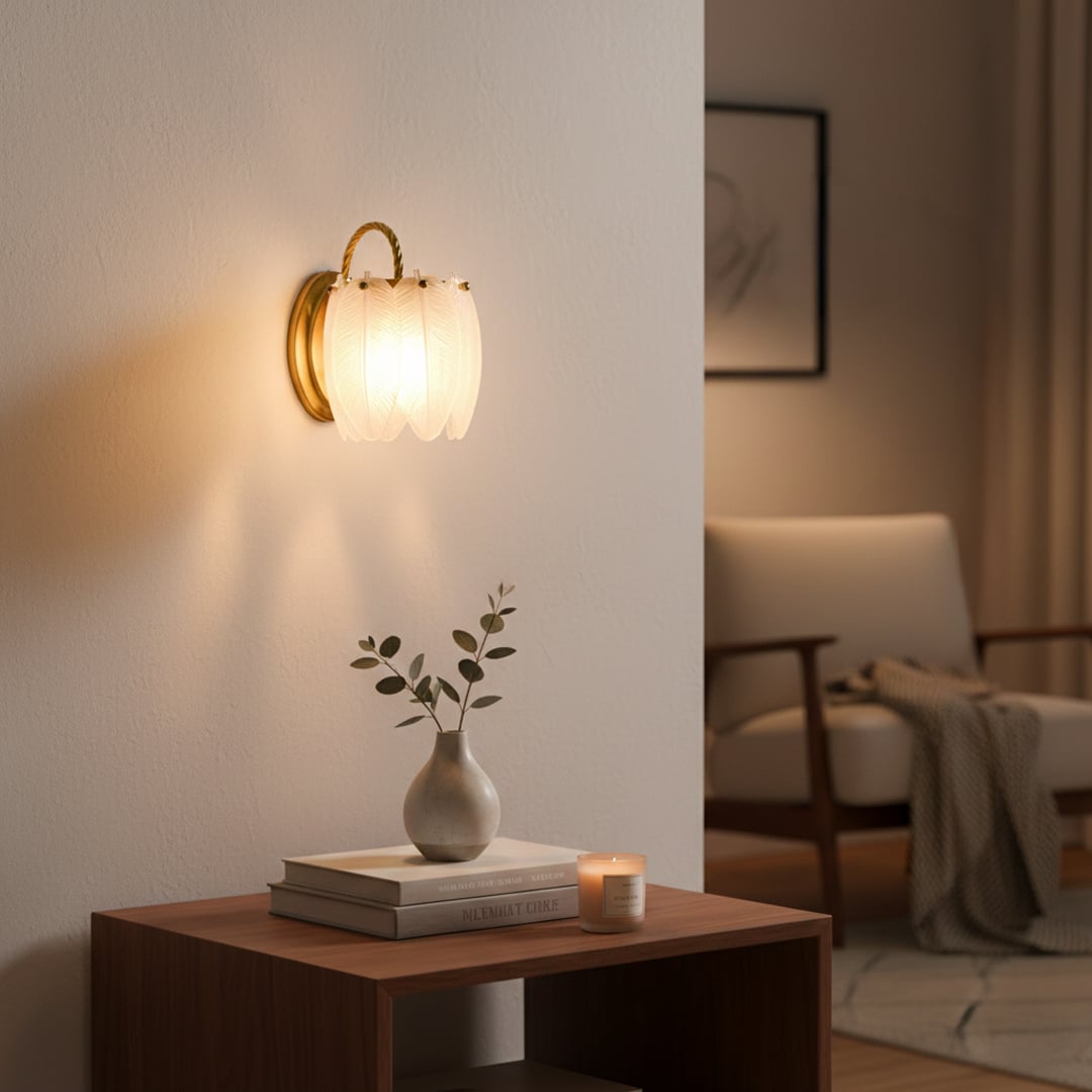 Elegant wall light with soft warm glow styled in a cozy living room setting above a wooden side table creating a calm ambient mood for modern Decor interiors.
