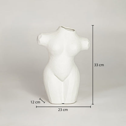 White ceramic female body shaped decorative vase showing 23 cm width 12 cm depth and 33 cm height for console table decor display.