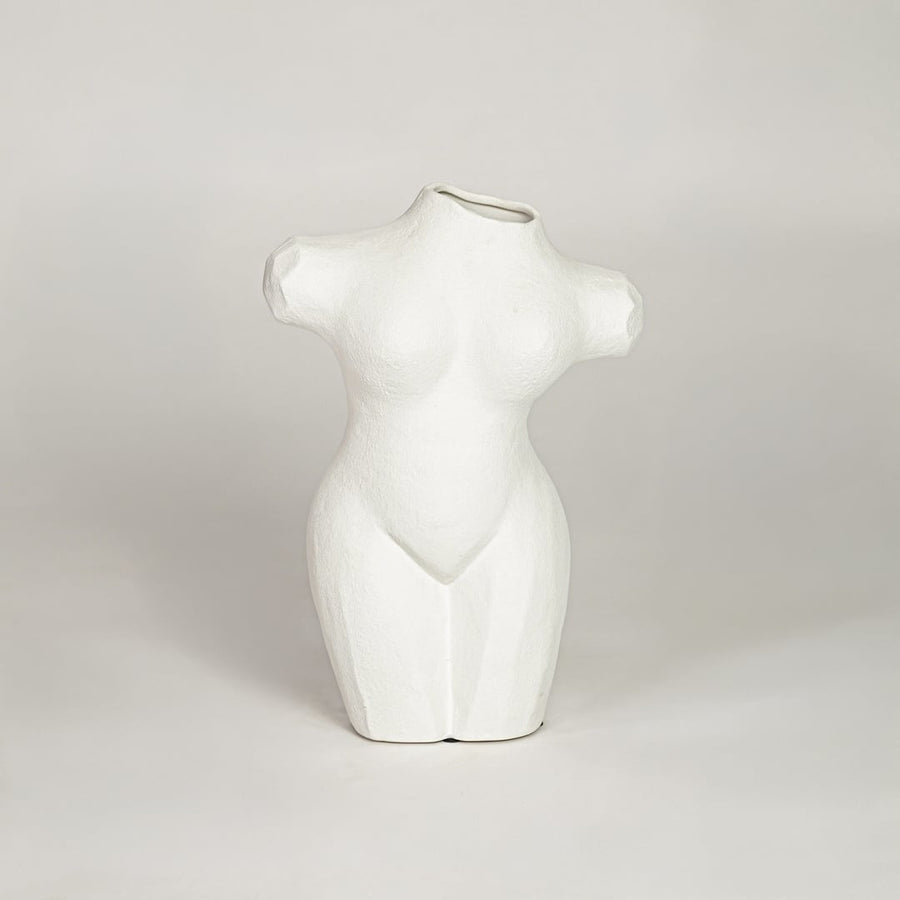Modern white ceramic female body shaped flower vase ideal for dried floral arrangement on console table shelf and home decor styling.
