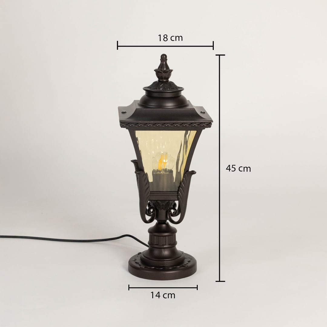 Outdoor black pillar lamp with amber glass shade showing 45 cm height 18 cm width and 14 cm base for garden lighting.