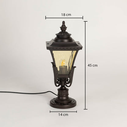 Outdoor black pillar lamp with amber glass shade showing 45 cm height 18 cm width and 14 cm base for garden lighting.