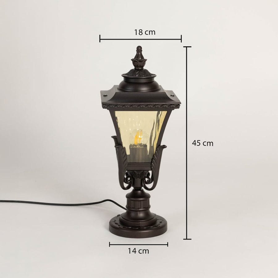 Outdoor black pillar lamp with amber glass shade showing 45 cm height 18 cm width and 14 cm base for garden lighting.