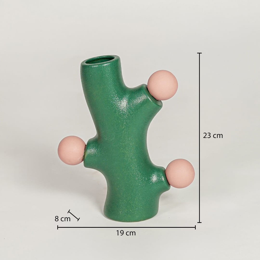 Fern Memphis green ceramic vase measuring 23 cm height 19 cm width and 8 cm depth ideal for modern decor placement.