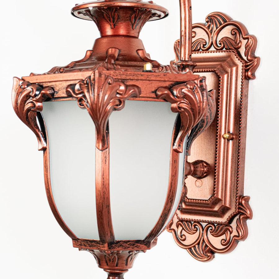 Closeup of outdoor wall light with ornate bronze finish and frosted glass shade for elegant exterior home decor.