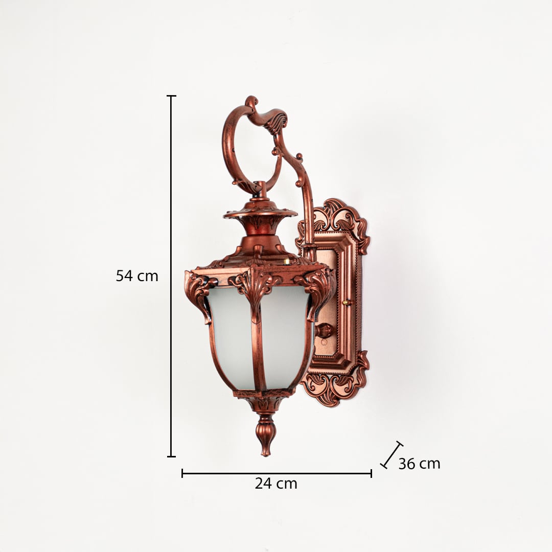 Outdoor wall light with bronze frame and frosted glass shade shown with 54 cm height and 24 cm width dimensions.