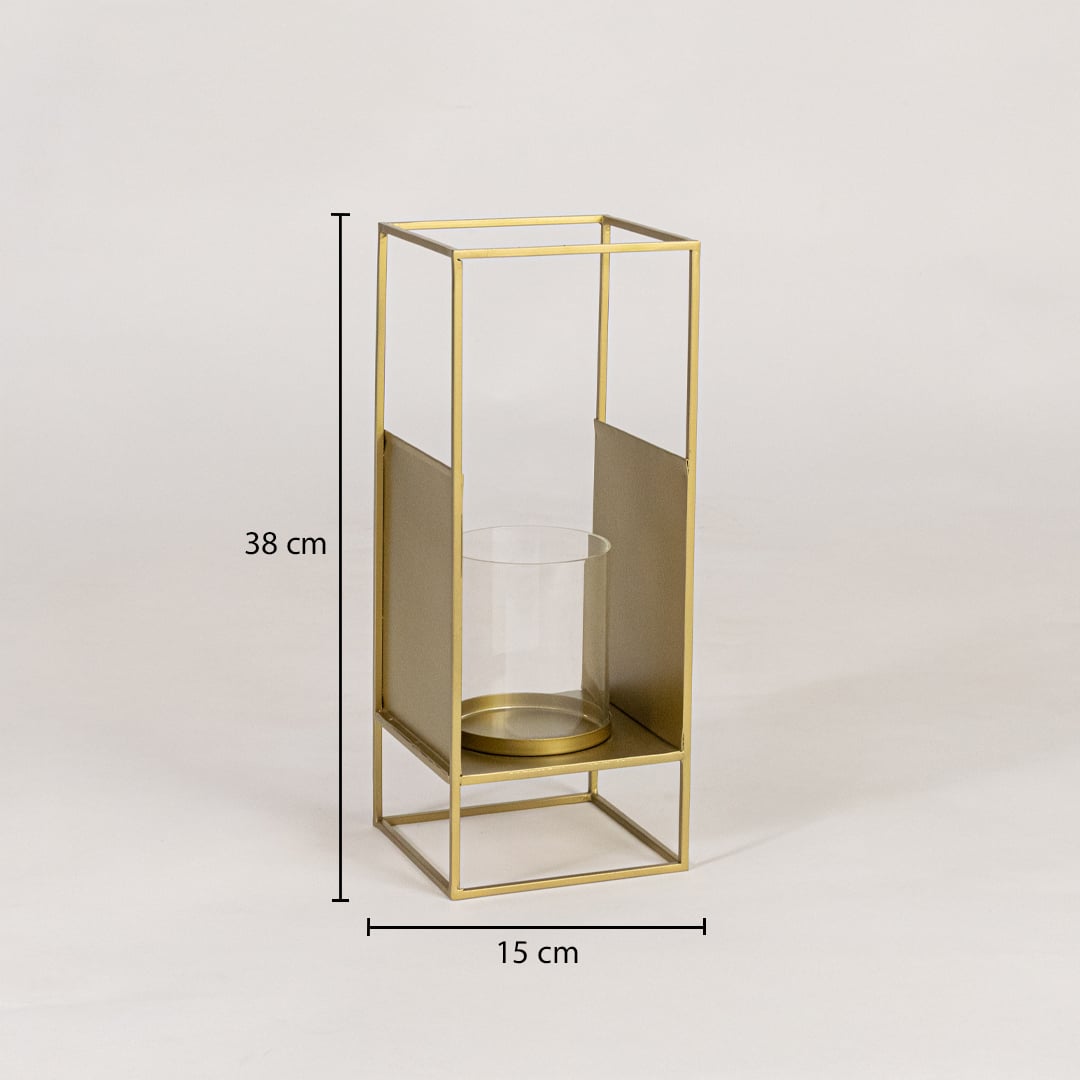 Gold metal lantern with clear glass candle holder measuring 38 cm height and 15 cm width suitable for tabletop and floor Decor.