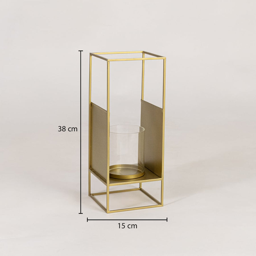 Gold metal lantern with clear glass candle holder measuring 38 cm height and 15 cm width suitable for tabletop and floor Decor.