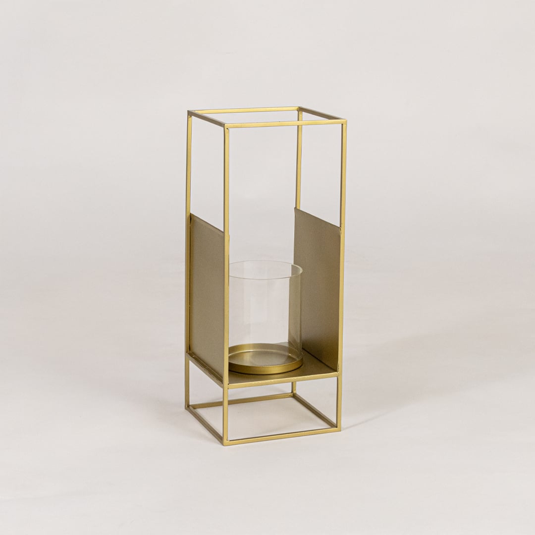 Modern gold metal lantern with glass candle holder on white background perfect for dining table shelf and living room Decor.