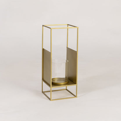 Modern gold metal lantern with glass candle holder on white background perfect for dining table shelf and living room Decor.
