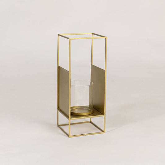 Modern gold metal lantern with glass candle holder on white background perfect for dining table shelf and living room Decor.