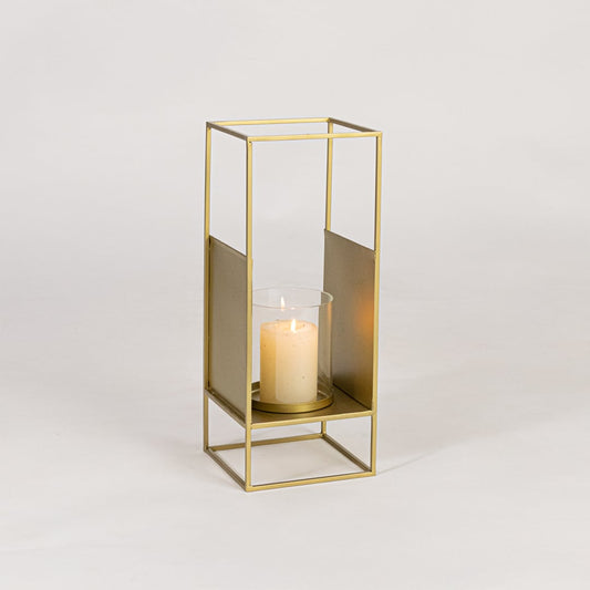 Gold metal candle lantern with clear glass holder on white background designed for modern tabletop shelf and living room Decor.