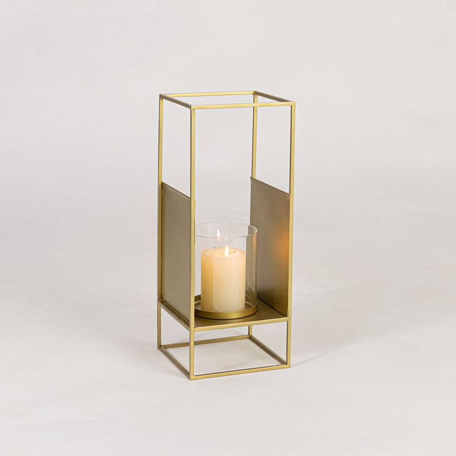 Gold metal candle lantern with clear glass holder on white background designed for modern tabletop shelf and living room Decor.