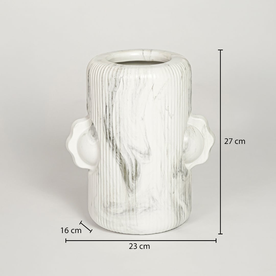 Fisher imperfect ceramic vase measuring 27 cm height 23 cm width and 16 cm depth ideal for tabletop decor placement.