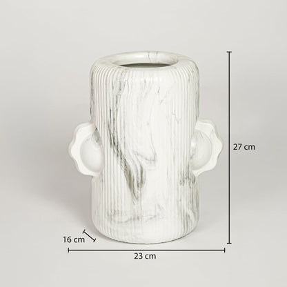 Fisher imperfect ceramic vase measuring 27 cm height 23 cm width and 16 cm depth ideal for tabletop decor placement.