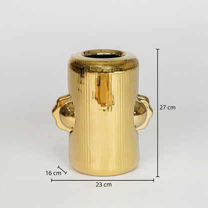 Gold metal decorative vase size 17 cm height 15 cm length modern luxury flower vase dimension reference image.