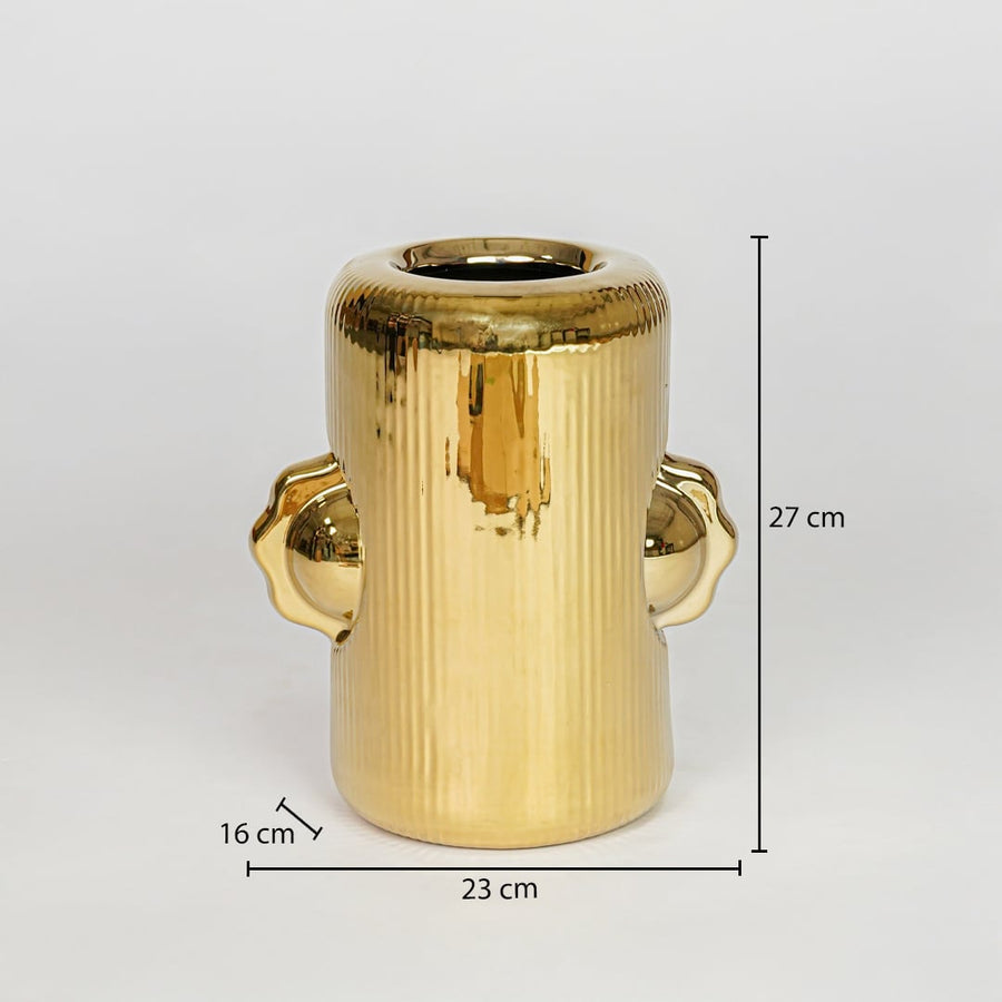 Gold metal decorative vase size 17 cm height 15 cm length modern luxury flower vase dimension reference image.