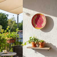 Decorative wall plate with floral pattern styled on shelf with plants enhancing warm handcrafted appeal and lively natural decor atmosphere indoors.