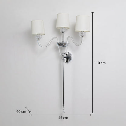 Triple arm wall light with chrome finish and fabric shades size 40cm height 110cm width 45cm depth displayed with measurements.