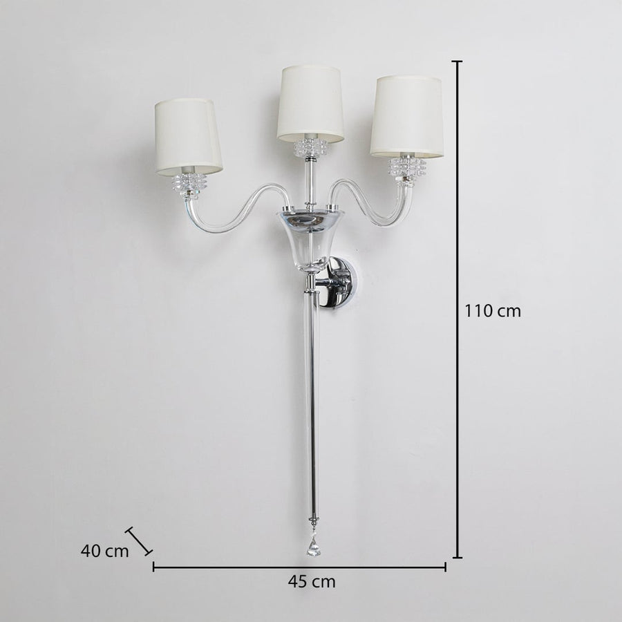 Triple arm wall light with chrome finish and fabric shades size 40cm height 110cm width 45cm depth displayed with measurements.