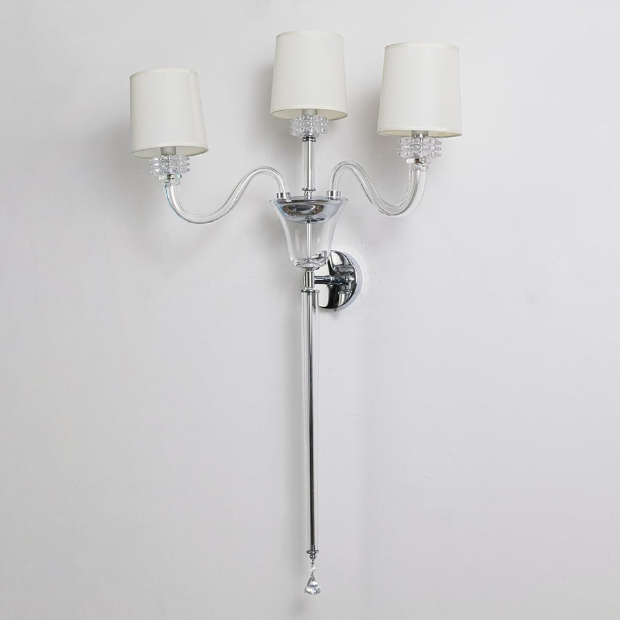 Triple arm wall light with chrome base and fabric shades turned off on white background for wall decor.