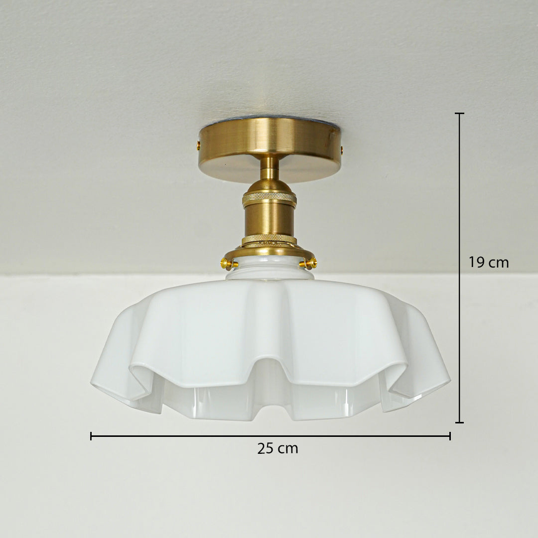 White glass and gold metal ceiling light with 25 cm diameter and 19 cm height for classic decor styling spaces.