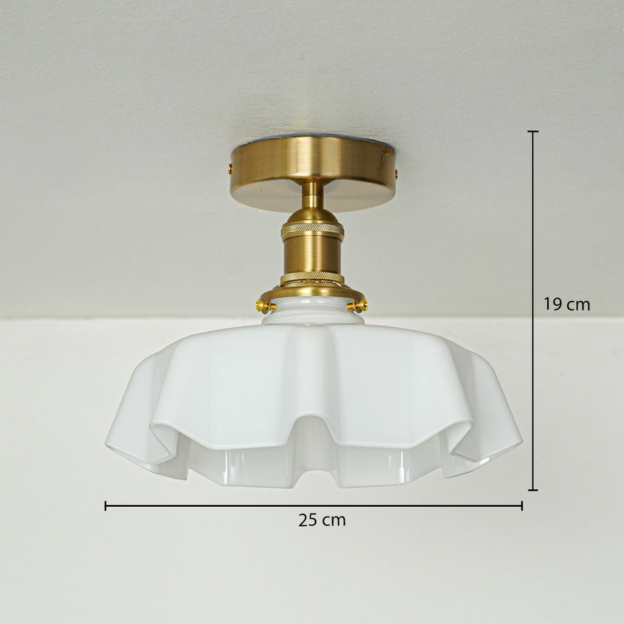 White glass and gold metal ceiling light with 25 cm diameter and 19 cm height for classic decor styling spaces.