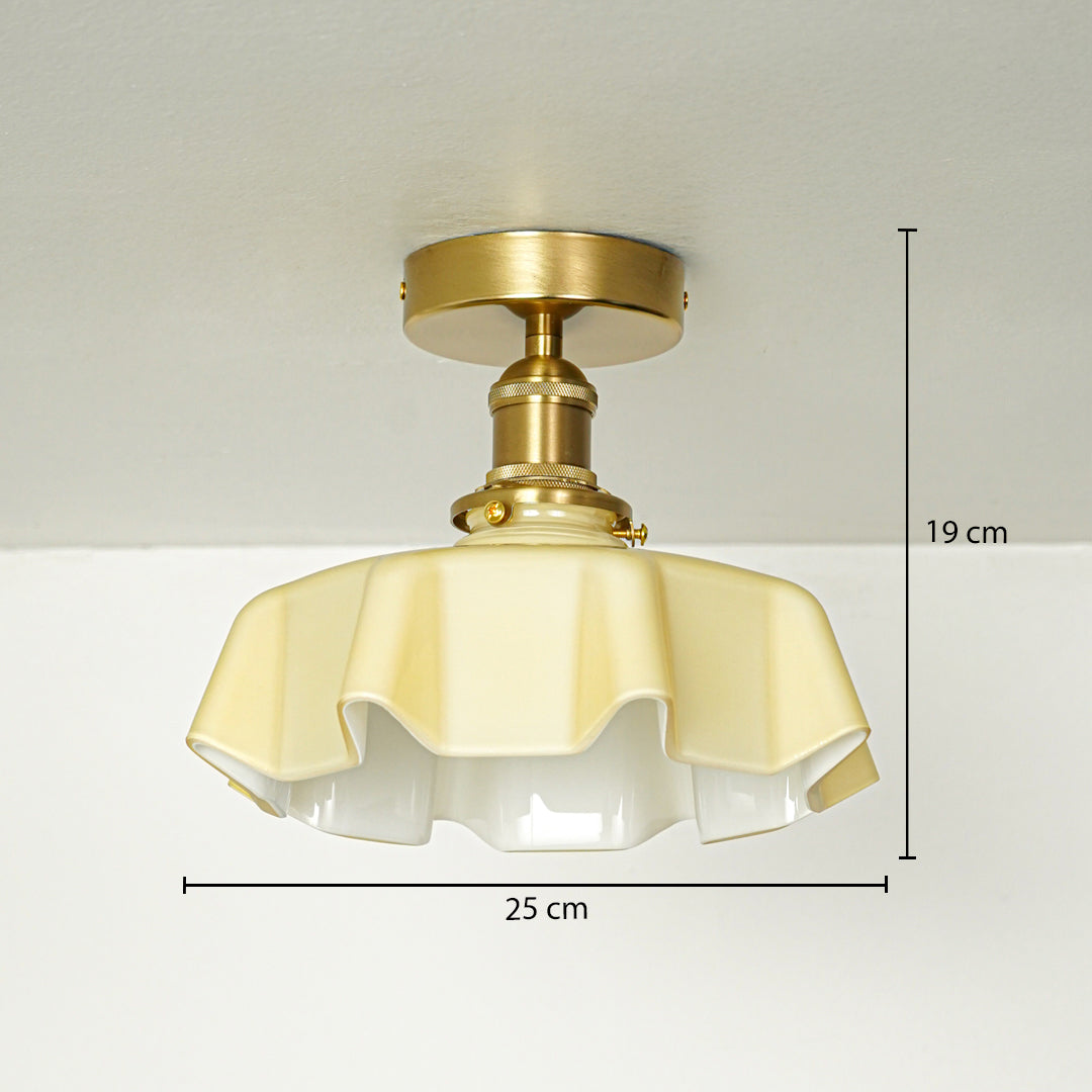 Cream glass and gold metal ceiling light with 25 cm diameter and 19 cm height for classic decor styling spaces.