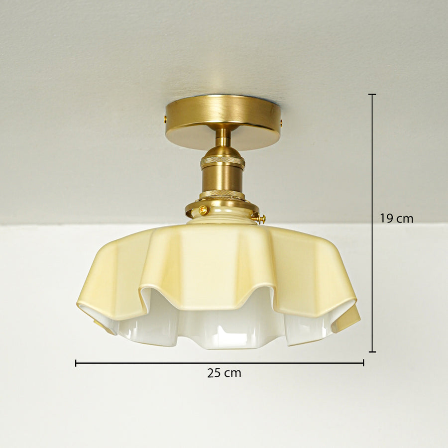 Cream glass and gold metal ceiling light with 25 cm diameter and 19 cm height for classic decor styling spaces.