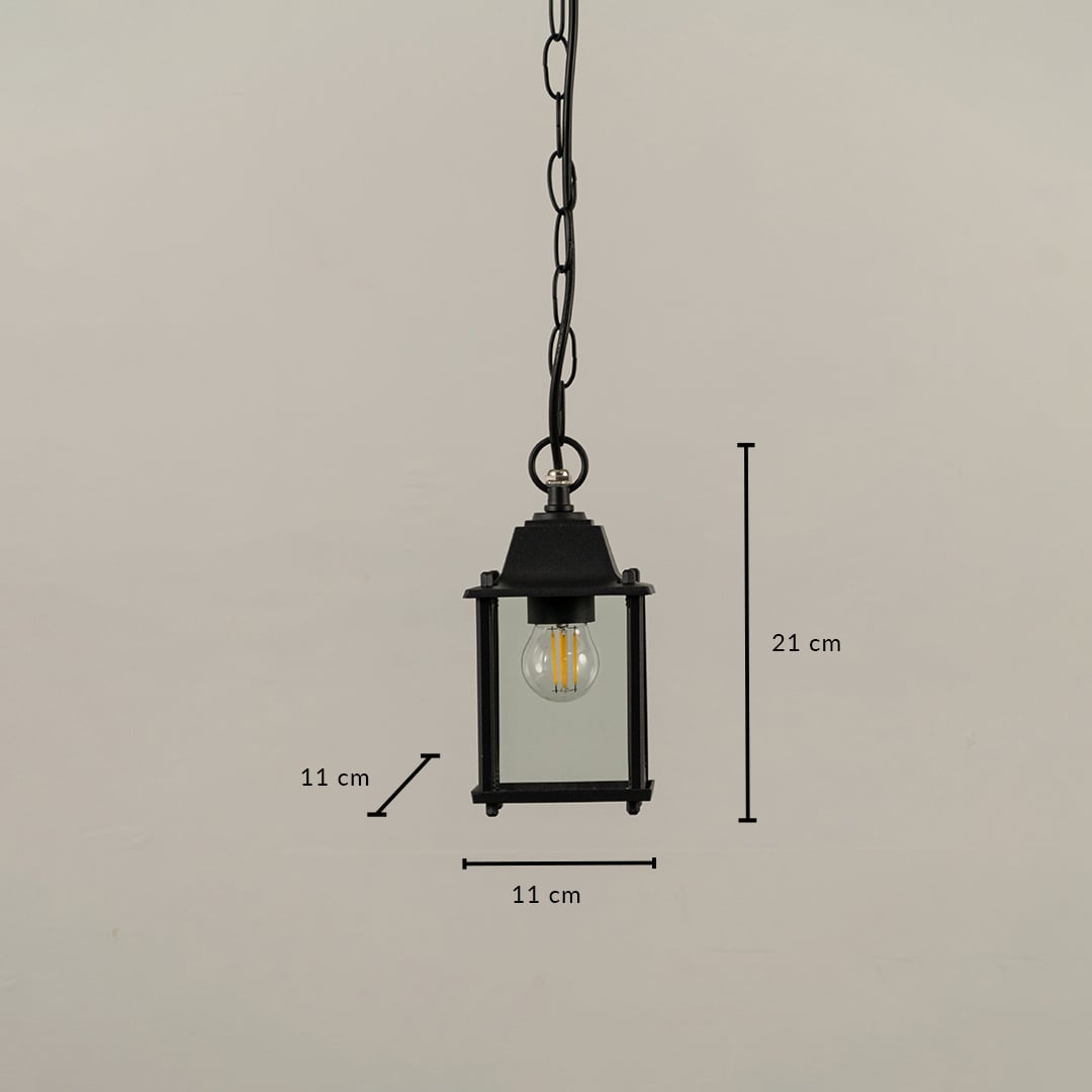 A black outdoor hanging lantern with clear glass shown with measurements 21 cm height and 11 cm width displayed clearly for accurate exterior placement needs.
