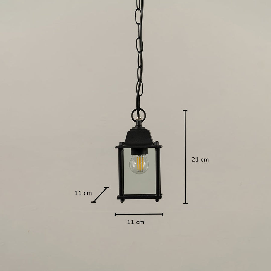A black outdoor hanging lantern with clear glass shown with measurements 21 cm height and 11 cm width displayed clearly for accurate exterior placement needs.