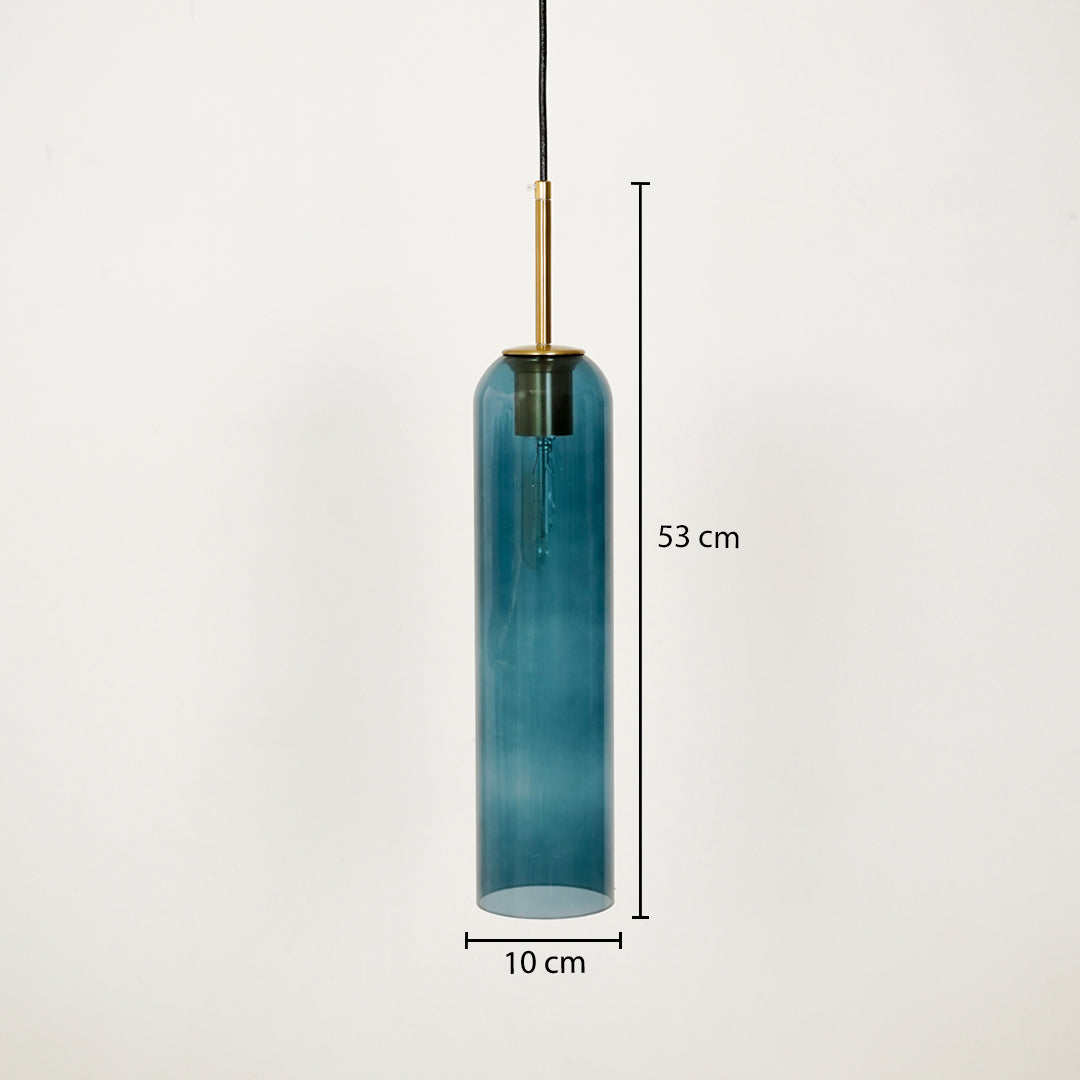 Blue glass pendant light with 10 cm width and 31 cm height for elegant ceiling placement.