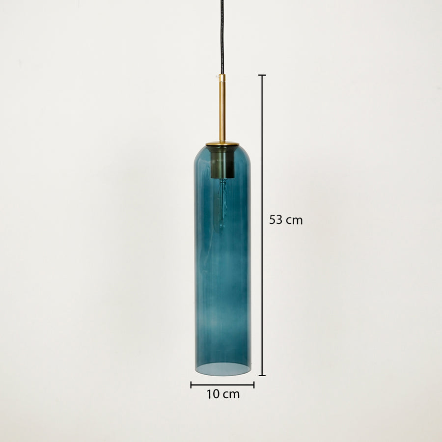 Blue glass pendant light with 10 cm width and 31 cm height for elegant ceiling placement.
