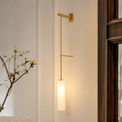 Lifestyle image of white float suspension wall sconce for elegant bedroom decor styling and modern home interior design.