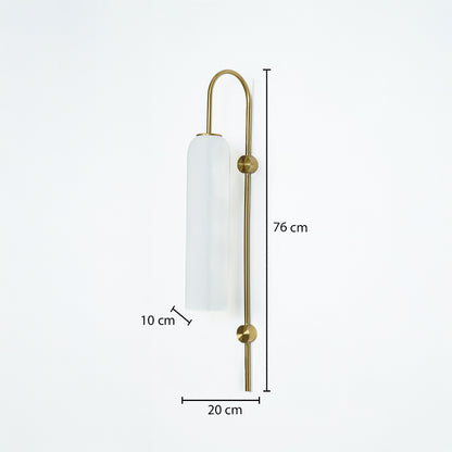 Gold metal frosted glass wall light with 76 cm height 20 cm width and 10 cm depth for modern decor spaces.

