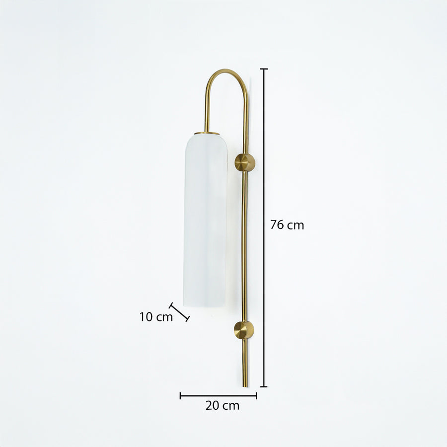 Gold metal frosted glass wall light with 76 cm height 20 cm width and 10 cm depth for modern decor spaces.

