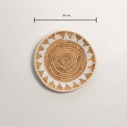 Dimension image of handcrafted natural seagrass wall basket with geometric pattern for boho wall décor display.