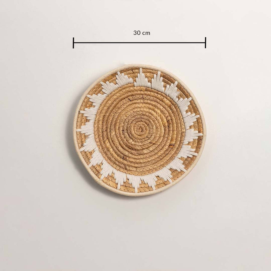 Dimension image of handcrafted natural seagrass wall basket with geometric pattern for boho wall décor display.