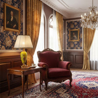 Yellow floral ceramic table lamp beside an armchair creating warm ambient lighting in a luxurious classic living room.