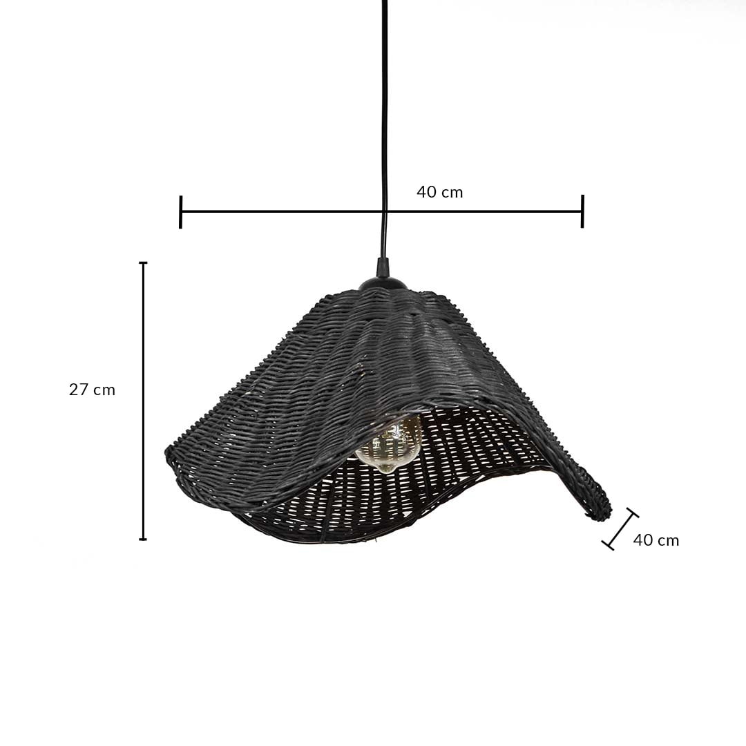 Black rattan pendant light dimension image showing 27 cm height and 40 cm width with wavy handcrafted shape.